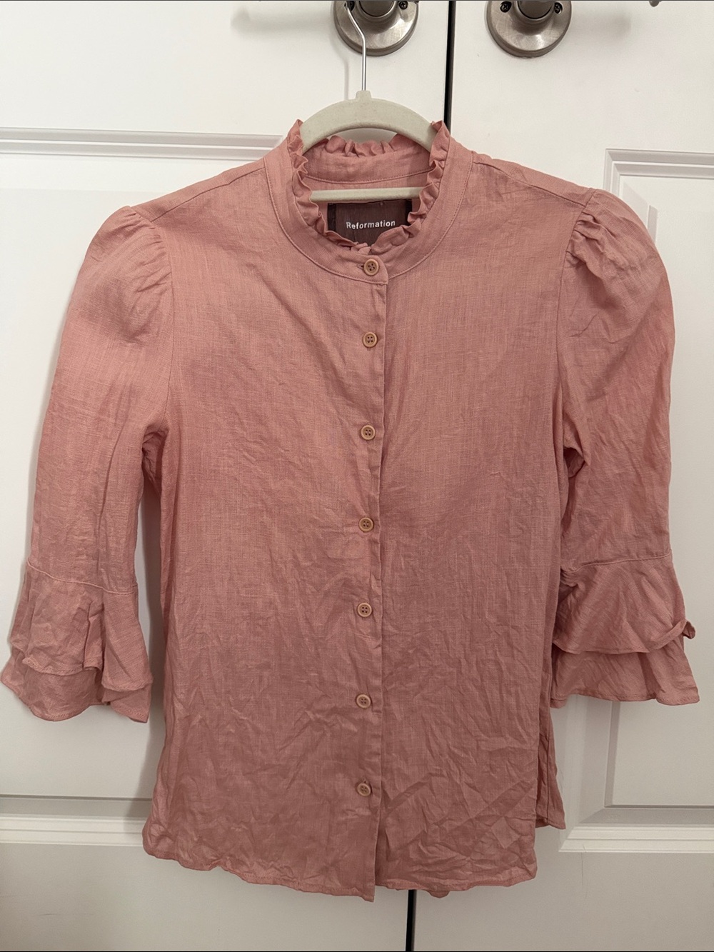 Reformation Soft Rose Ruffle-Neck Button Top - Picture 4 of 6